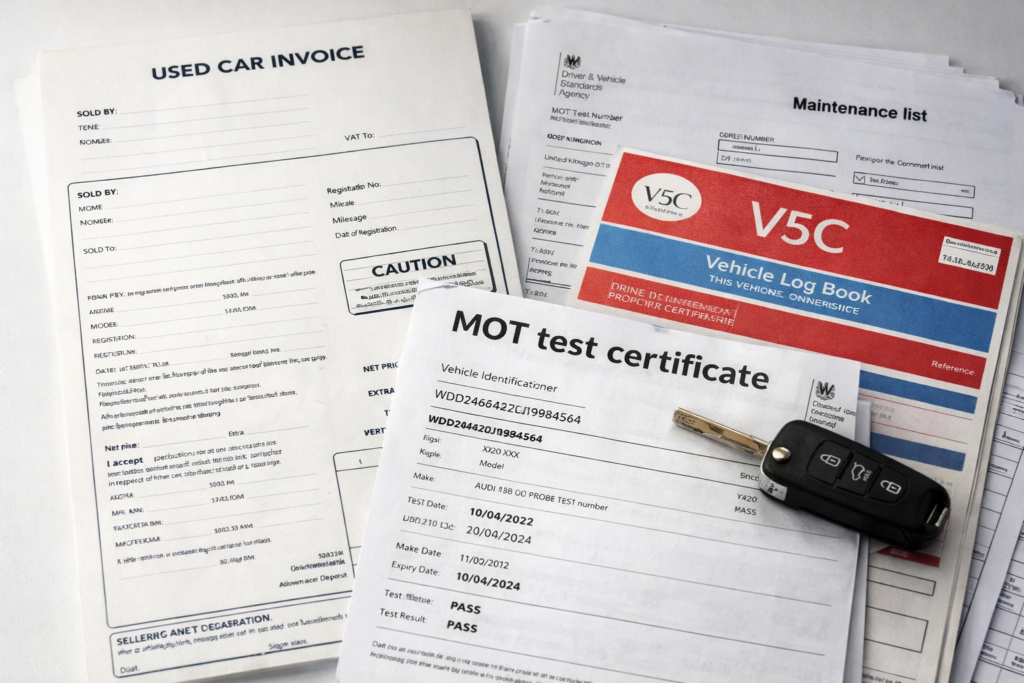 UK car paperwork including V5C log book, MOT test certificate, service history records and used car invoice